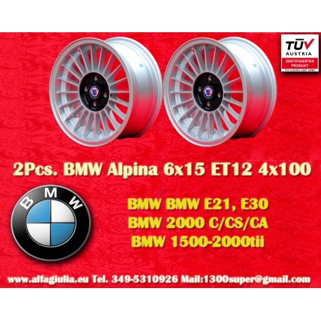 BMW Alpina 6x15 ET12 4x100 silver/black 1500-2000tii, 1502-2002tii, 3 E21, E30 cerchi wheels llantas jantes felgen 