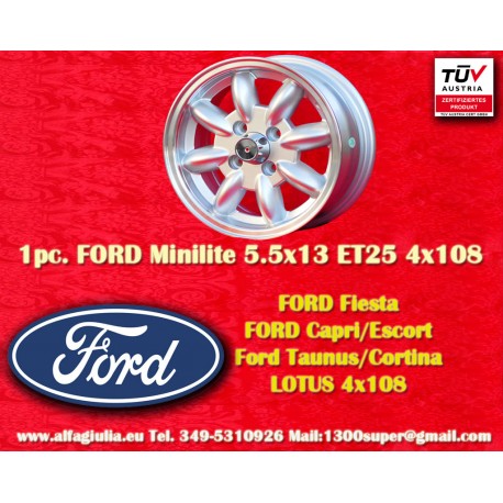 Ford Minilite 5.5x13 ET25 4x108 silver/diamond cut Escort Mk1,Mk2, Capri, Cortina cerchio wheel llanta jante Felge