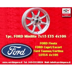 1 pc. jante Ford Minilite 7x15 ET5 4x108 silver/diamond cut Escort Mk1-2, Capri, Cortina