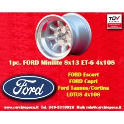 1 pc. jante Ford Minilite 8x13 ET-6 4x108 silver/diamond cut Escort Mk1-2, Capri, Cortina