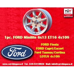 1 pc. jante Ford Minilite 6x13 ET16 4x108 silver/diamond cut Escort Mk1-2, Capri, Cortina