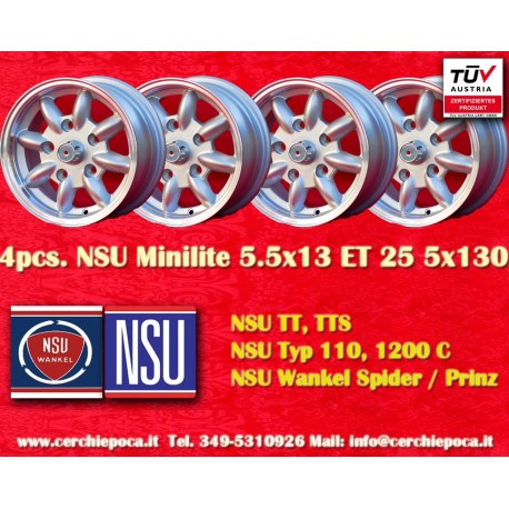 NSU Minilite 5.5x13 ET25 5x130 silver/diamond cut S 600 800 TT TTS, 110, 1200C, Wankelspider cerchi wheels jantes felgen llantas