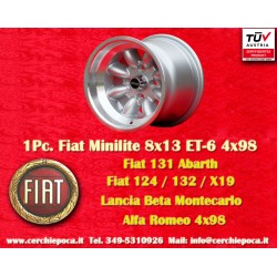 Fiat Minilite 8x13 ET-6 4x98 silver/diamond cut 124 Spider, Coupe, X1/9 cerchio wheel jante felge llanta