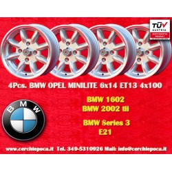 BMW Minilite 6x14 ET13 4x100 silver/diamond cut 1502-2002, 1500-2000tii, 2000C CA CS, 3 E21, E30 Opel cerchi wheels jantes felge