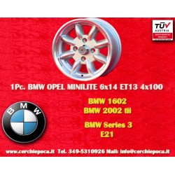 BMW Minilite 6x14 ET13 4x100 silver/diamond cut 1502-2002, 1500-2000tii, 2000C CA CS, 3 E21, E30 Opel cerchio wheel jante felge 