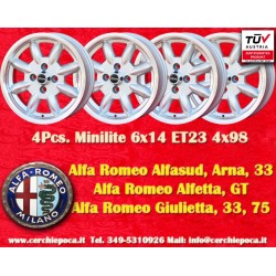 4 pz. cerchi Alfa Romeo Minilite 6x14 ET23 4x98 silver/diamond cut 124 Berlina, Coupe, Spider, 125, 127, 128, 131, X1 9