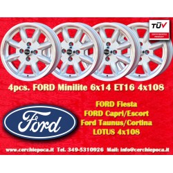 4 pcs. Ford Minilite 6x14 ET16 4x108 silver/diamond cut Escort Mk1-2, Capri, Cortina felgen