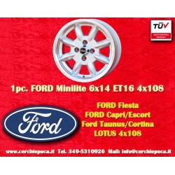 1 pc. Ford Minilite 6x14 ET16 4x108 silver/diamond cut Escort Mk1-2, Capri, Cortina llantas 