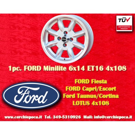 1 pz. cerchio Ford Minilite 6x14 ET16 4x108 silver/diamond cut Escort Mk1-2, Capri, Cortina