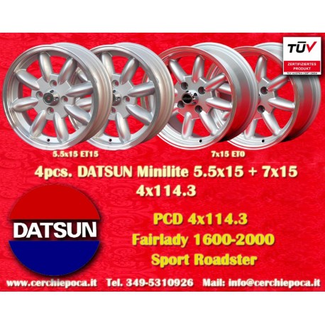 Datsun Minilite 5.5x15 ET15 7x15 ET0 4x114.3 silver/diamond cut MBG, TR2-TR6 cerchi wheels jantes felgen llantas