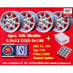 NSU Minilite 5.5x13 ET25 5x130 silver/diamond cut S 600 800   TT TTS, 110, 1200C, Wankelspider cerchi wheels jantes felgen llant