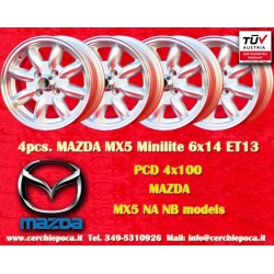 4 pcs. wheels Mazda Minilite 6x14 ET13 4x100 silver/diamond cut 1502-2002, 1500-2000tii, 2000C CA CS, 3 E21, E30   Opel 