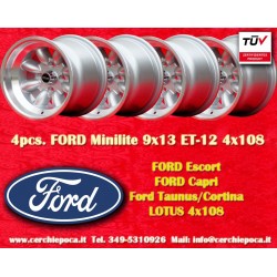 Ford Minilite 9x13 ET-12 4x108 silver/diamond cut Escort Mk1-2, Capri, Cortina only back axle cerchi wheels llantas jantes felge