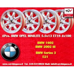 BMW Minilite 5.5x13 ET18 4x100 silver/diamond cut 1502-2002tii, 3 E21 cerchi wheels jantes llantas felgen
