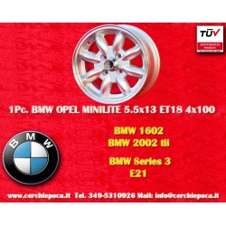 1 pz. cerchio BMW Minilite 5.5x13 ET18 4x100 silver/diamond cut 1502-2002tii, 3 E21