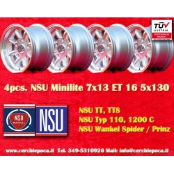 4 pcs. wheels NSU Minilite 7x13 ET16 5x130 silver/diamond cut NSU  TT TTS, 110, 1200C, Wankelspider   Honda S 800
