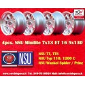 4 pcs. wheels NSU Minilite 7x13 ET16 5x130 silver/diamond cut NSU  TT TTS, 110, 1200C, Wankelspider   Honda S 800