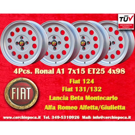 4 pcs. jantes Fiat Ronal 7x15 ET25 4x98 silver 124 SPORT COUPE SPIDER Pininfarina 500 ABARTH PANDA PUNTO