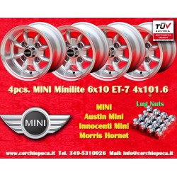 4 uds. llantas Mini Minilite 6x10 ET-7 4x101.6 silver/diamond cut Mini Mk1-3, 850, 1000