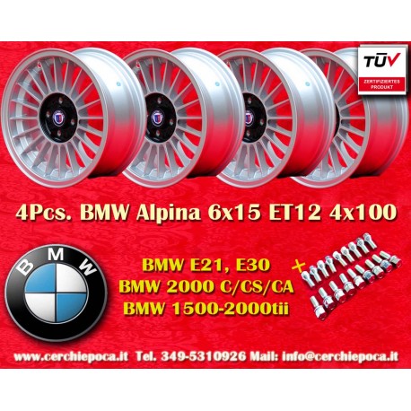 BMW Alpina 6x15 ET12 4x100 silver/black 1500-2000tii, 1502-2002tii, 3 E21, E30 cerchi wheels jantes llantas felgen 
