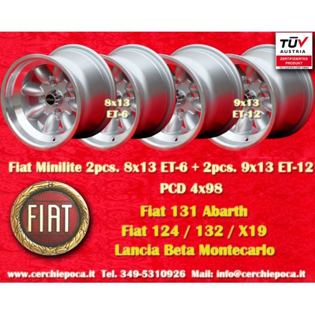 Fiat Minilite 9x13 ET-12 4x98 silver/diamond cut 124 Spider, Coupe, X1/9 cerchi wheels jantes felgen llantas
