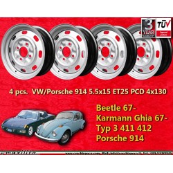 4 Stk Felgen Volkswagen Porsche OEM 5.5x15 ET25 4x130 silver Beetle 67- Karmann Ghia 67- Typ 3 411 412 Porsche 914 