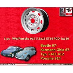 1 Stk Felge Volkswagen Porsche OEM 5.5x15 ET34 4x130 silver Beetle 67- Karmann Ghia 67- Typ 3 411 412 Porsche 914 