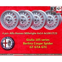 4 pz. cerchi Alfa Romeo Millerighe 6x14 ET23 4x108 silver Giulia TI Super 105 -1971 Giulietta 101 750
