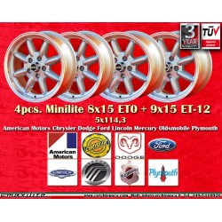4 pcs. wheels CHRYSLER,FORD Minilite 8x15 ET0 9x15 ET-12 5x114.3 silver/diamond cut Mustang V8 -1973,Falcon V8,Fairlane,