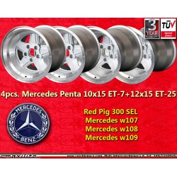 4 pz. cerchi Mercedes Penta 10x15 ET-7 12x15 ET-25 5x112 silver/diamond cut w107 w108 w109 Red Pig 300 SEL