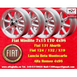 4 pcs. wheels Fiat Minilite 7x15 ET0 4x98 silver/diamond cut 124 Coupe, Spider, 125, 131, 132