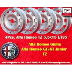 4 pz. cerchi Alfa Romeo TZ 5.5x15 ET35 4x108 silver Giulia TI Super 105 -1971, Giulietta 101, 750
