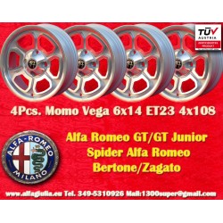 4 pz. cerchi Alfa Romeo Momo Vega 6x14 ET23 4x108 silver/diamond cut 105 Berlina, Giulia, Coupe, Spider, GTC