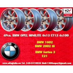 4 pcs. wheels BMW Minilite 6x13 ET13 4x100 silver/diamond cut 1502-2002tii, 3 E21