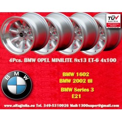 4 pcs. wheels BMW Minilite 8x13 ET-6 4x100 silver/diamond cut 1502-2002 tii, 3 E21