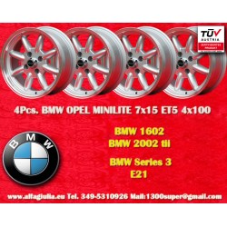 4 pcs. wheels BMW Minilite 7x15 ET5 4x100 silver/diamond cut 1502-2002, 1500-2000tii, 2000C CA CS, 3 E21, E30