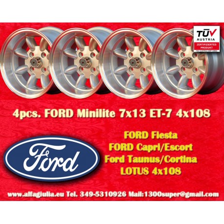 Ford Minilite 7x13 ET-7 4x108 silver/diamond cut Escort Mk1-2, Capri, Cortina cerchi wheels llantas jantes felgen