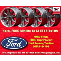 4 pcs. wheels Ford Minilite 6x13 ET16 4x108 anthracite/diamond cut Escort Mk1-2, Capri, Cortina
