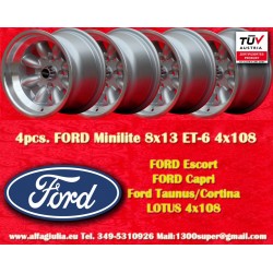 4 pcs. wheels Ford Minilite 8x13 ET-6 4x108 silver/diamond cut Escort Mk1-2, Capri, Cortina
