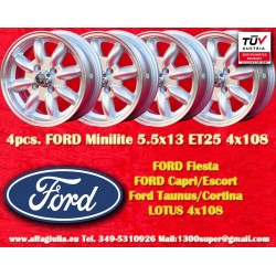 4 pcs. wheels Ford Minilite 5.5x13 ET25 4x108 silver/diamond cut Escort Mk1,Mk2, Capri, Cortina