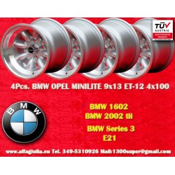 4 pcs. wheels BMW Minilite 9x13 ET-12 4x100 silver/diamond cut 1502-2002 tii, 3 E21