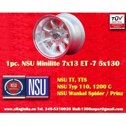 1 pc. wheel NSU Minilite 7x13 ET-7 5x130 silver/diamond cut NSU  TT TTS, 110, 1200C, Wankelspider   Honda S 800
