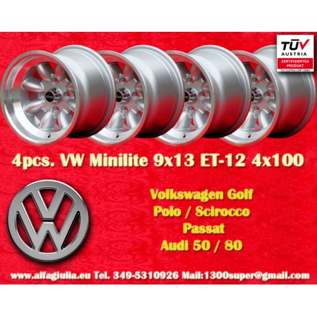 Volkswagen Minilite 9x13 ET-12 4x100 silver/diamond cut 1502-2002 tii, 3 E21 only back axle cerchi wheels llantas jantes felgen