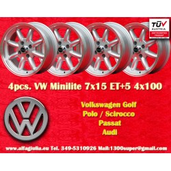 4 pcs. wheels Volkswagen Minilite 7x15 ET5 4x100 silver/diamond cut 1502-2002, 1500-2000tii, 2000C CA CS, 3 E21, E30