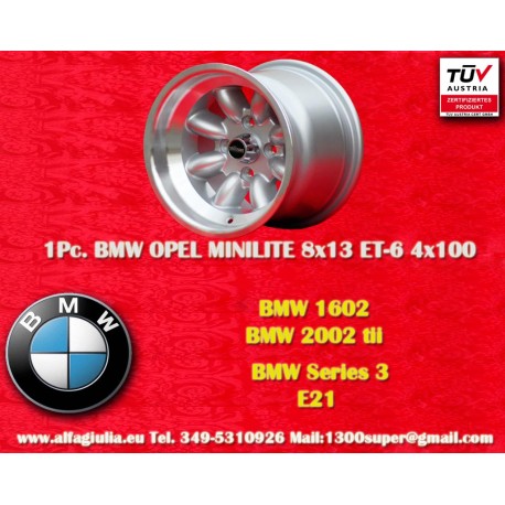 BMW Minilite 8x13 ET-6 4x100 silver/diamond cut 1502-2002 tii, 3 E21 only back axle cerchio wheel jante llanta Felge