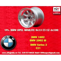 1 pc. wheel BMW Minilite 9x13 ET-12 4x100 silver/diamond cut 1502-2002 tii, 3 E21