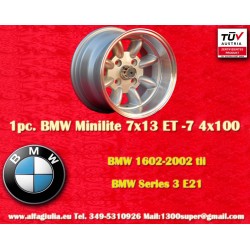 BMW Minilite 7x13 ET-7 4x100 silver/diamond cut 1502-2002tii, 3 E21 cerchio wheel Jante llanta Felge