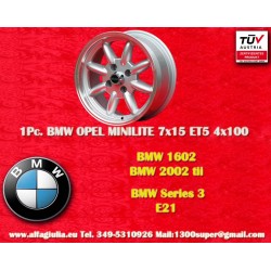 1 pz. cerchio BMW Minilite 7x15 ET5 4x100 silver/diamond cut 1502-2002, 1500-2000tii, 2000C CA CS, 3 E21, E30