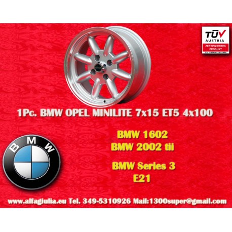 BMW Minilite 7x15 ET5 4x100 silver/diamond cut 1502-2002, 1500-2000tii, 2000C CA CS, 3 E21, E30 cerchio wheel jante llanta Felge