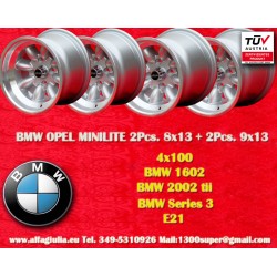 4 pcs. wheels BMW Minilite 8x13 ET-6 9x13 ET-12 4x100 silver/diamond cut 1502-2002 tii, 3 E21 only back axle